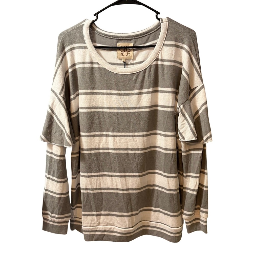NEW Chaser Grey White Striped Ruffle Long Sleeve Knit Top MEDIUM